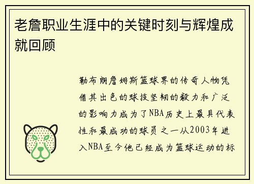 老詹职业生涯中的关键时刻与辉煌成就回顾